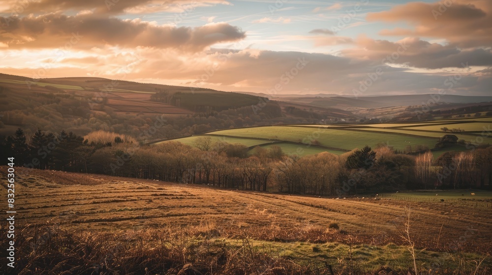 A serene sunset over a landscape of rolling hills and fields in shades of brown and green