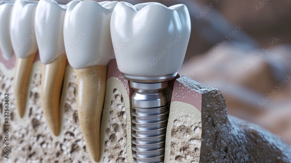 A training model of a gum with a pin for a dental implant. Jaws and implantable teeth A training model of a gum with a pin for a dental implant. Jaws and implantable teeth