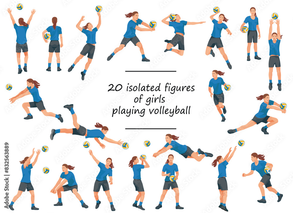 20 women's volleyball team players in blue T-shirts in various poses training, running, jumping, throwing, hitting the ball 20 women's volleyball team players in blue T-shirts in various poses training, running, jumping, throwing, hitting the ball