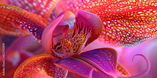 A delicate orchid, its intricate structure revealed through microscopic imagery, showcasing the intricate pollination mechanisms