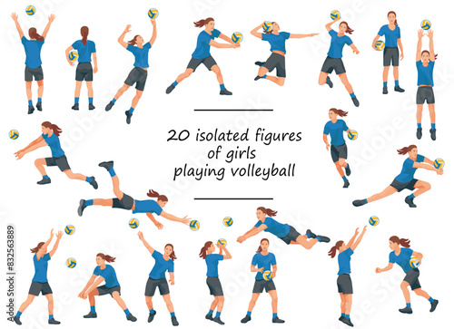 20 women s volleyball team players in blue T-shirts in various poses training  running  jumping  throwing  hitting the ball