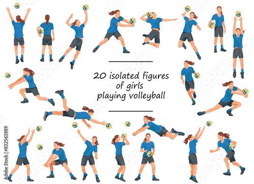 20 women's volleyball team players in blue T-shirts in various poses training, running, jumping, throwing, hitting the ball