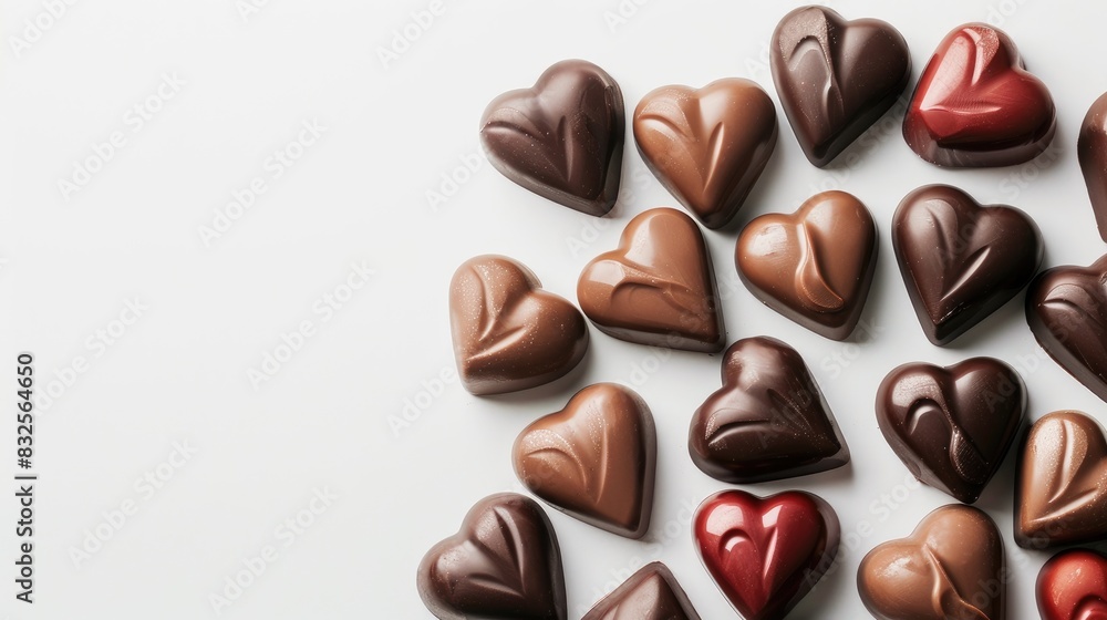 Fototapeta premium Heart shaped chocolates on a white background Heart chocolates made especially for Valentine s Day