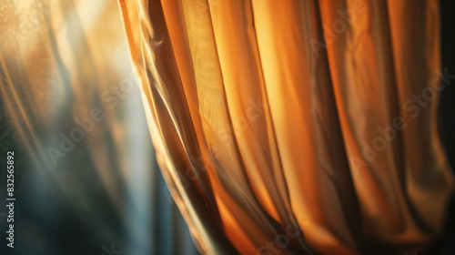 Warm golden sunlight shining through elegant drapes photo