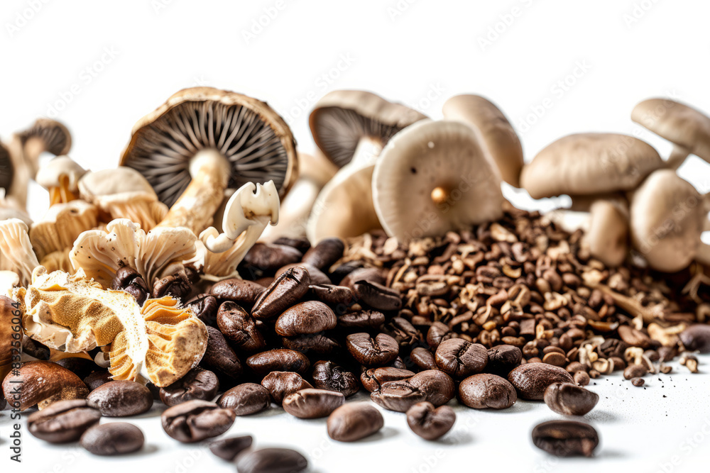 Coffee beans and mushrooms mixed together. Trendy superfood background Coffee beans and mushrooms mixed together. Trendy superfood background