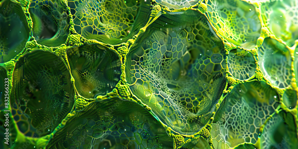 Fototapeta premium Chlorophyll Pigment Absorption: Close-up view of chlorophyll pigments in plant cells, highlighting photosynthesis and light absorption