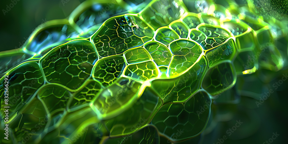 Fototapeta premium Chlorophyll Pigment Absorption: Close-up view of chlorophyll pigments in plant cells, highlighting photosynthesis and light absorption
