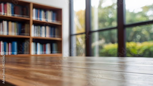 empty wood table top against background of large window  library bookcase. beautiful classroom Bookshelves blurred background with copy space