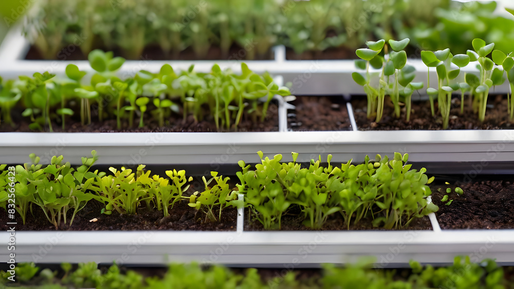 Fresh microgreens with dew drops sprouting densely growing in planter. Eco products, healthy eating and vegetable super food. cultivation of greenery, peas in greenhouse Fresh microgreens with dew drops sprouting densely growing in planter. Eco products, healthy eating and vegetable super food. cultivation of greenery, peas in greenhouse