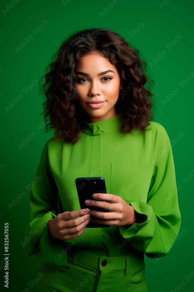 a mixed race girl, aged 20, looking at her cellphone, wearing a green outfit, young and trendy a mixed race girl, aged 20, looking at her cellphone, wearing a green outfit, young and trendy