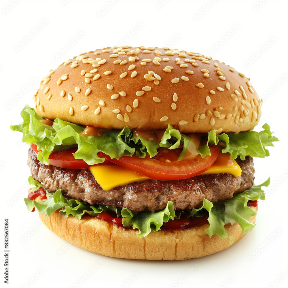 Close-up of a juicy hamburger with lettuce, tomato, and cheese isolated on white background Close-up of a juicy hamburger with lettuce, tomato, and cheese isolated on white background