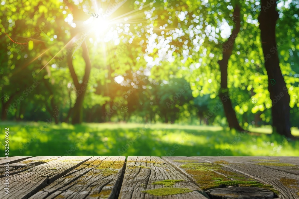 Spring summer beautiful nature background with blurred park trees in sunlight and empty wooden table, blurred background, product display, advertising