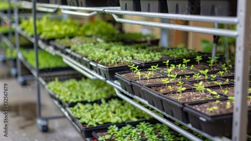 Rows of neatly organized seedling trays each filled with rows of sprouting plants.