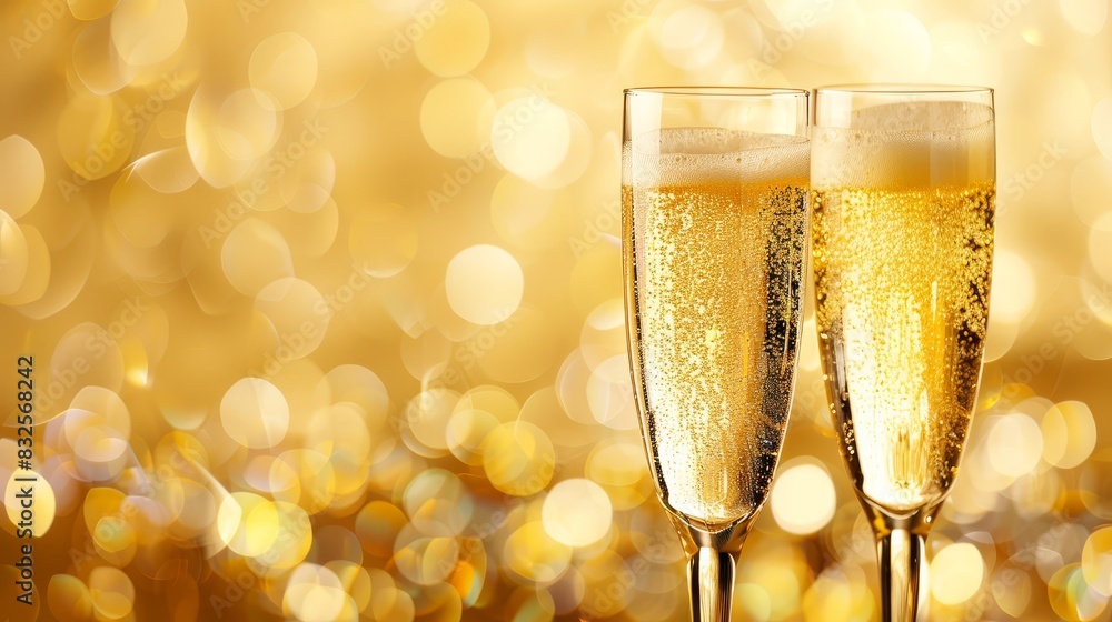 Celebratory champagne flutes on a golden, sparkling background, perfect for themes of festivity and luxury Celebratory champagne flutes on a golden, sparkling background, perfect for themes of festivity and luxury
