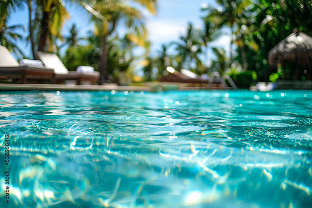 Closeup of a tropical pool, clear turquoise water, sun loungers, palm trees in the background Closeup of a tropical pool, clear turquoise water, sun loungers, palm trees in the background