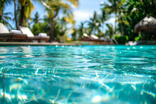 Closeup of a tropical pool  clear turquoise water  sun loungers  palm trees in the background 