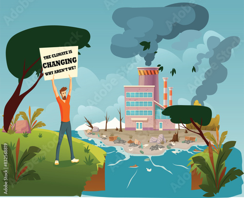 young man protest against pollution illustration, climate change due to pollution