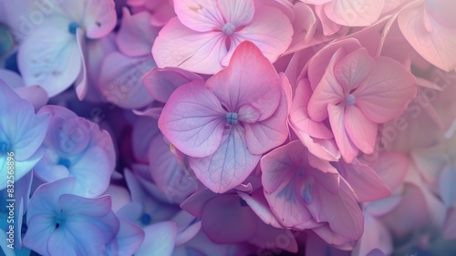 Close-up of delicate hydrangea flowers in soft shades of pink and blue, highlighting their intricate petals. © Katty