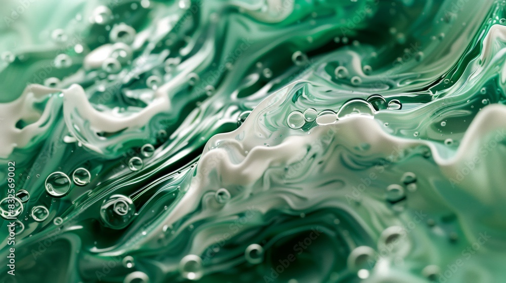 Swirling green and white fluid, resembling the texture of abstract painting, with bubbles floating in it. Swirling green and white fluid, resembling the texture of abstract painting, with bubbles floating in it.