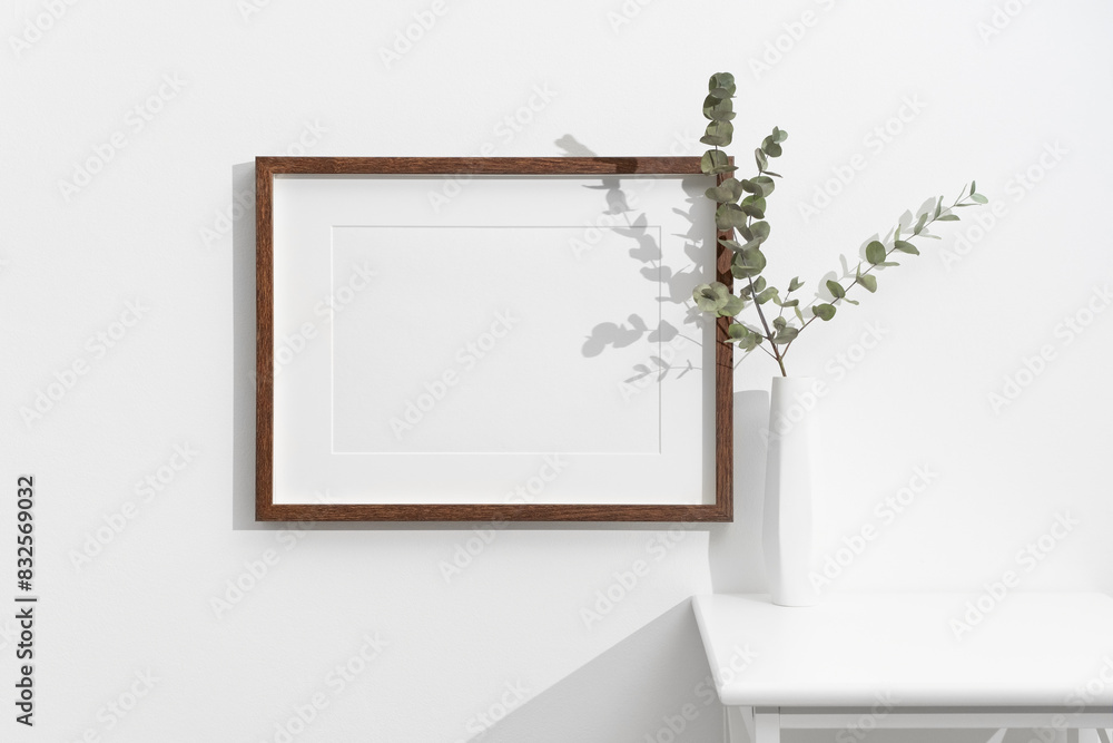 Blank wooden picture frame mockup, horizontal art frame mock up with copy space