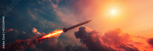 High-tech missile soaring through the air, trail of smoke and fire, dusk sky 