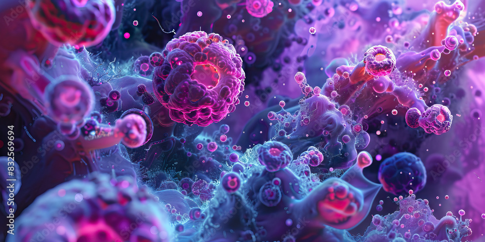 The Vivid Illumination of Cellular Activation: A stunning close-up image of fluorescently dyed cells, revealed through a microscope lens, surrounded by a field of vibrant sapphire and scarlet hues. The Vivid Illumination of Cellular Activation: A stunning close-up image of fluorescently dyed cells, revealed through a microscope lens, surrounded by a field of vibrant sapphire and scarlet hues.
