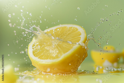 Lemon juice splashing on a light yellow to green gradient background, zesty and fresh 