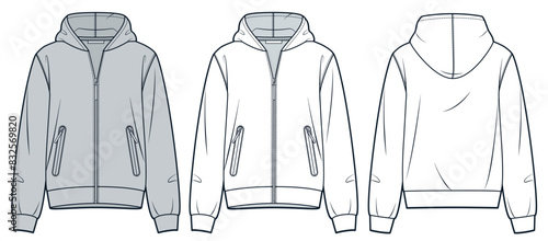  Zipped Jacket technical fashion illustration. Hooded Sweatshirt fashion flat technical drawing template, pockets, relaxed fit, front and back view, white, grey, women, men, unisex CAD mockup set.