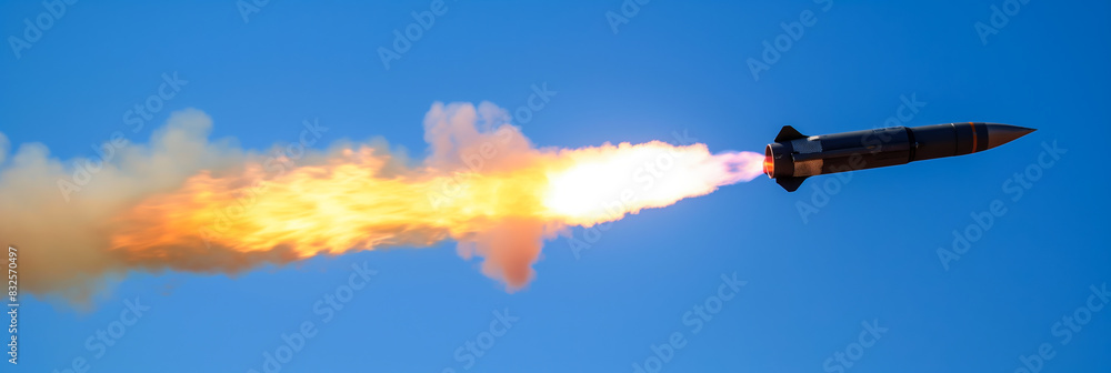 Missile with intense flames and smoke, flying through the air, clear blue sky 