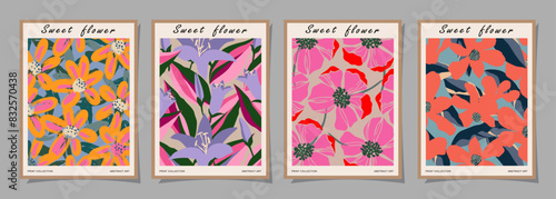 Set of abstract groovy floral posters. Trendy botanical wall art with flower design print in vibrant colors. Modern naive for interior decor, cover, card, template, banner, wallpaper and background.