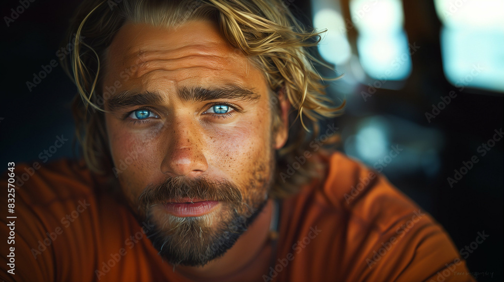 Man with blue eyes and beard. Handsome close-up portrait outdoors Man with blue eyes and beard. Handsome close-up portrait outdoors