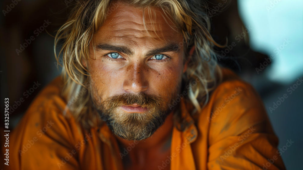 Intense gaze of a blond man. Detailed close-up portrait. Emotive people category Intense gaze of a blond man. Detailed close-up portrait. Emotive people category