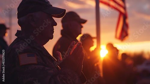 A group of soldiers stand at attention during a flag-raising ceremony at sunset. photo