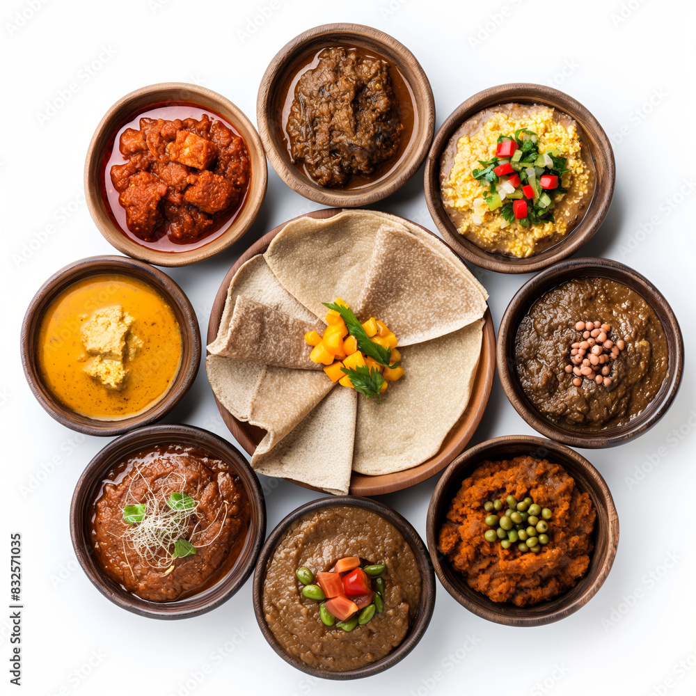 Overhead view of Ethiopian Injera with various traditional stews isolated on white background Overhead view of Ethiopian Injera with various traditional stews isolated on white background