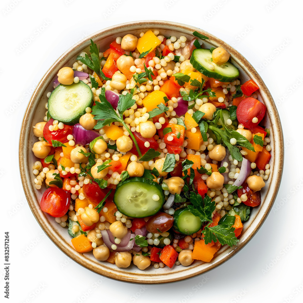 Overhead view of a Moroccan couscous salad with chickpeas and fresh vegetables isolated on white background Overhead view of a Moroccan couscous salad with chickpeas and fresh vegetables isolated on white background