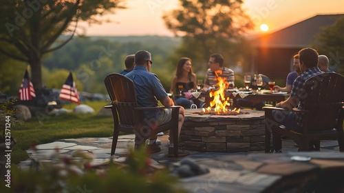 Friends and family gathered around a fire pit in the backyard, enjoying the sunset.