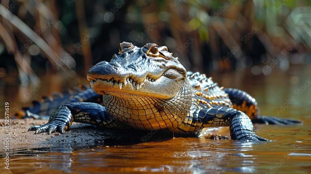 Fototapeta premium A nile crocodile, Crocodyles niloticus, basks on the edge of a river