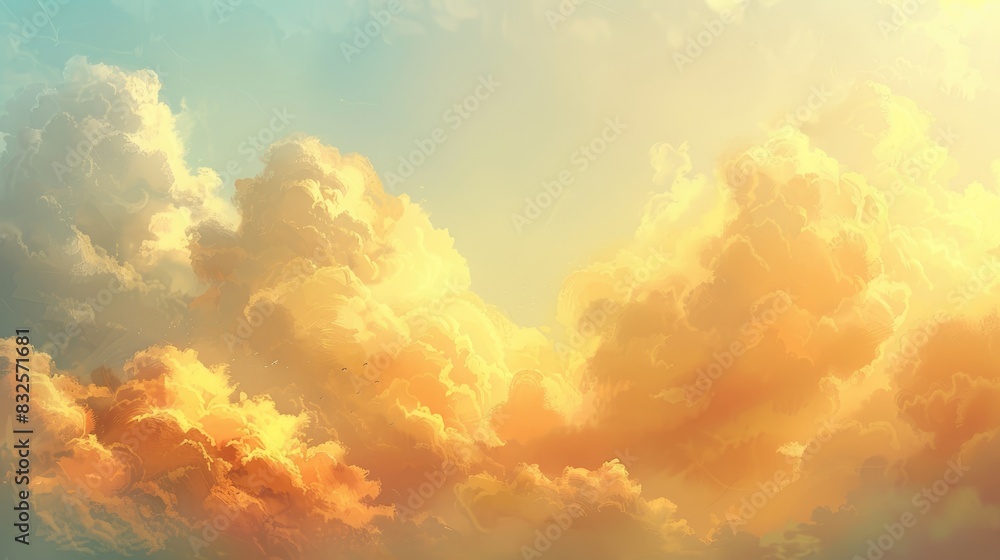 Soft, billowy clouds bathed in the golden light of dawn, floating serenely across a tranquil sky Soft, billowy clouds bathed in the golden light of dawn, floating serenely across a tranquil sky