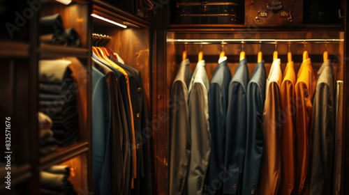 Rack with clothes and shoes in modern man's wardrobe.
