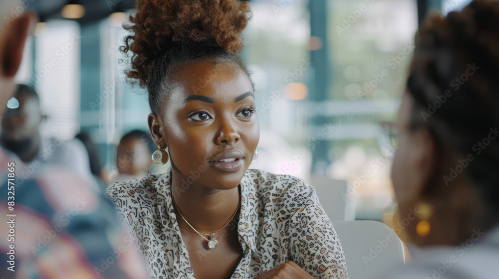 a Black businesswoman discussing a project with colleagues in a modern conference room a Black businesswoman discussing a project with colleagues in a modern conference room