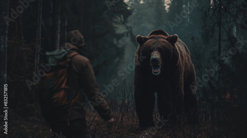 Person backing away from a growling bear in a dark forest at twilight  photo