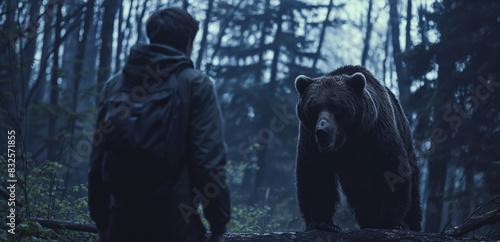 Person backing away from a growling bear in a dark forest at twilight  photo
