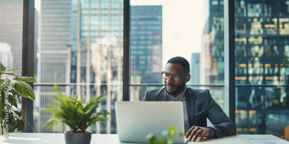 Fototapeta premium a Black entrepreneur working on a laptop in a minimalist office with a view of the city skyline