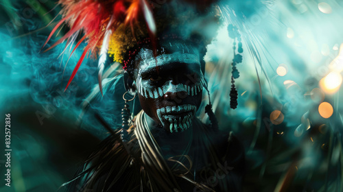 African voodoo shaman in smoke and blurred background photo