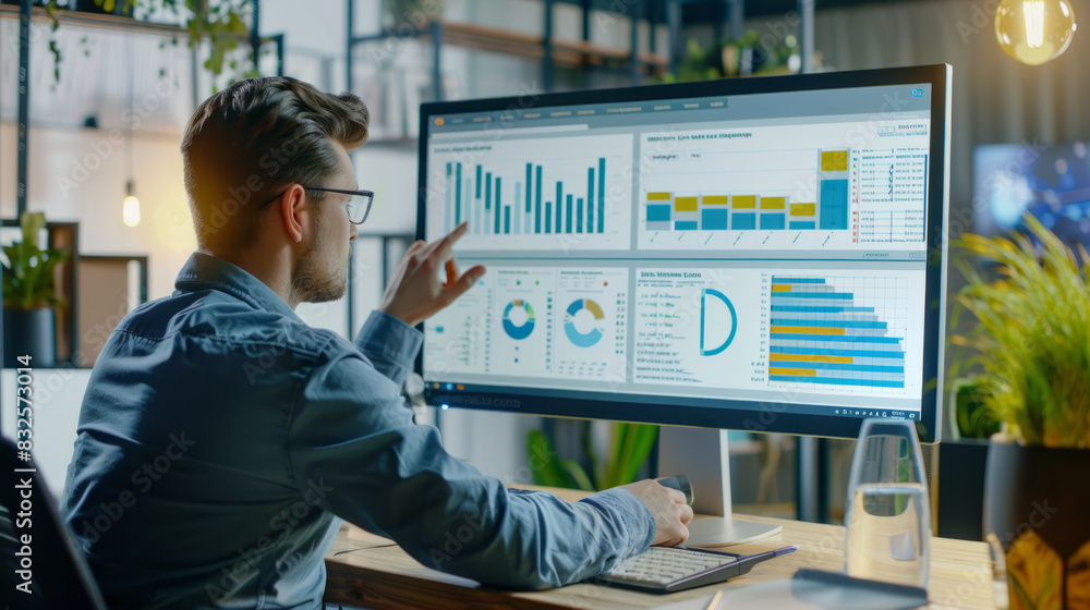 a business analyst reviewing charts and graphs on a large screen in a bright office a business analyst reviewing charts and graphs on a large screen in a bright office