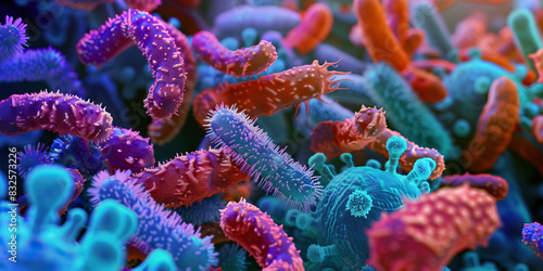 The Bacterial Virulence Factory in Focus: A vivid microscopic image of bacteria and their viruses, magnified and illuminated by a laboratory light.