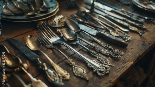 Antique Cutlery Displayed on a Wooden Table photo