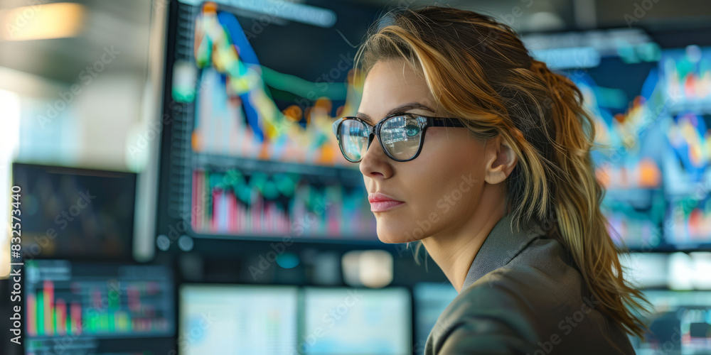 a Caucasian businesswoman analyzing financial data on multiple screens in a high-rise office a Caucasian businesswoman analyzing financial data on multiple screens in a high-rise office