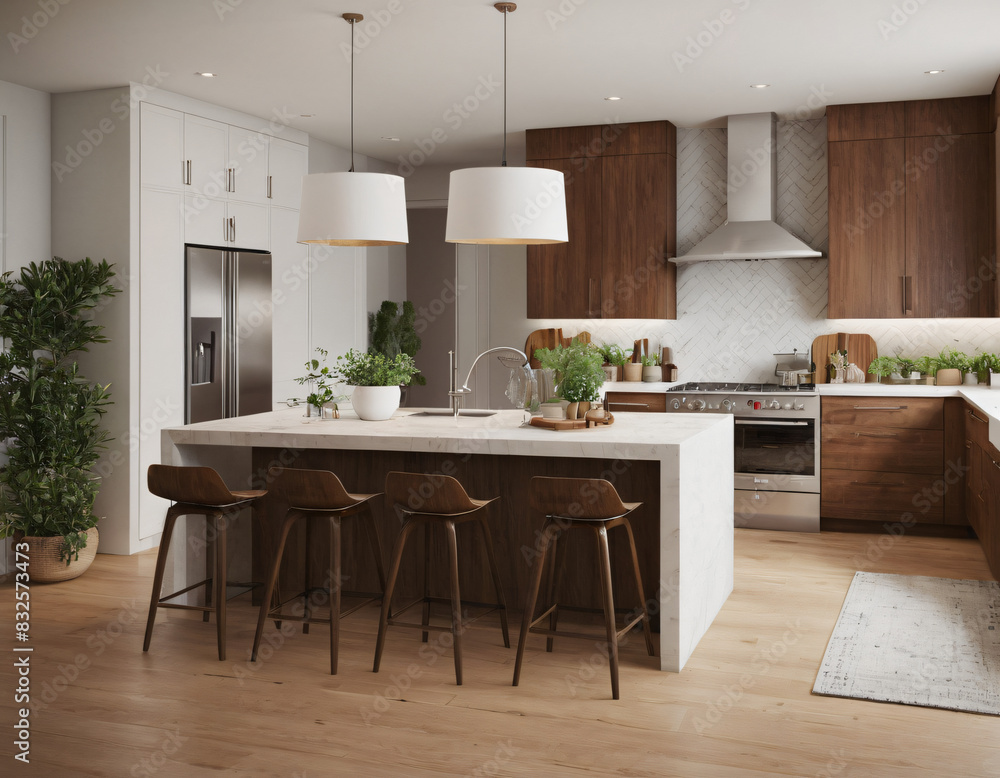 a high-quality 3D render of a modern kitchen interior, highlighting sleekness and functionality. Incorporate state-of-the-art appliances, minimalist cabinetry, and a spacious island with bar seating. a high-quality 3D render of a modern kitchen interior, highlighting sleekness and functionality. Incorporate state-of-the-art appliances, minimalist cabinetry, and a spacious island with bar seating.