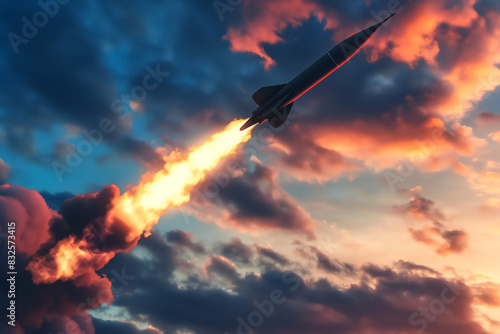 Side view of a missile in motion, smoke trail, twilight sky, vibrant colors  photo